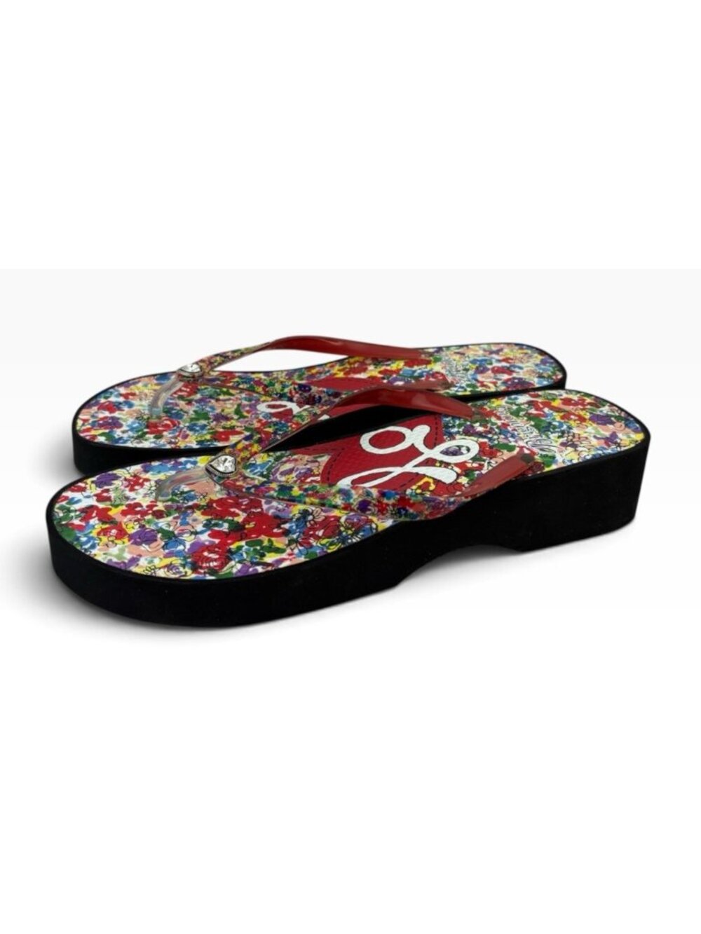 -Brighton Posies Platform Flip Flop Womens 10 Floral Colorful Rhinestone Heart